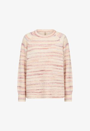 Sweter dziergany z okrągłym dekoltem i długimi rękawami. Posiada pastelowe paski w kolorach różowym, lawendowym i kremowym. Teksturowana, miękka tkanina.