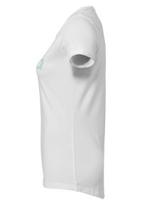 Weißes Baumwoll-T-Shirt mit kurzen Ärmeln, einem runden Ausschnitt und einem türkisfarbenen Grafikdesign auf der Vorderseite, mit einer glatten Textur.