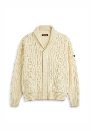 Cardigan lavorato a maglia di colore crema con colletto a scialle, motivo a treccia, due tasche frontali e chiusura con bottoni. Texture morbida con polsini a coste.