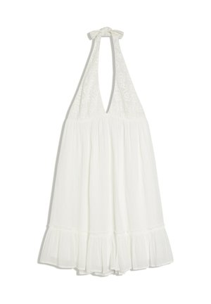 Witte halternek zomerjurk met kanten details op de bandjes, diepe V-hals, geplooide taille en geruffle zoom.