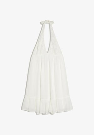 Witte halternek zomerjurk met kanten details op de bandjes, diepe V-hals, geplooide taille en geruffle zoom.