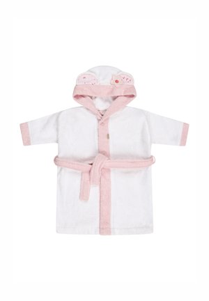 White baby bathrobe with pink trim, hood featuring bear ears and a flower decoration, and a tied belt at the waist.
