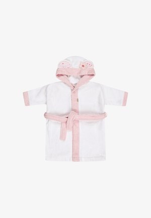 Weißer Baby-Bademantel mit rosa Rand, Kapuze mit Bärenohren und Blumendekoration sowie einem gebundenen Gürtel in der Taille.