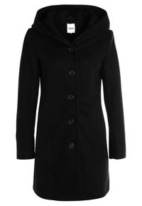 Abrigo de lana negro con capucha, de corte recto, con seis botones en el frente y dos bolsillos laterales para un uso práctico.