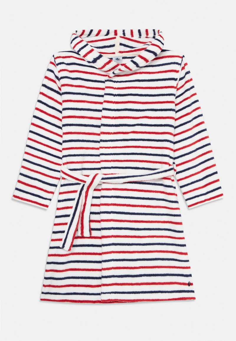 Myk fleece badekåpe med røde, hvite og marineblå horisontale striper, lange ermer, festet hette og et matchende belte knyttet i livet.