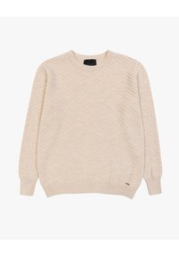 Pullover lavorato a maglia di un beige chiaro, con un motivo a spina di pesce testurizzato, colletto rotondo, polsini e orlo a costine, con una piccola etichetta del logo sul lato.