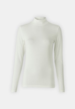 Lange mouwen turtleneck-top in lichtcrème, gemaakt van een soepele, rekbare stof. Verstelbaar ontwerp met een geribbeld patroon bij de halslijn.