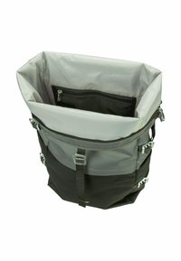 Black and gray backpack with a wide, open top, featuring a gray interior and a zippered mesh pocket. Includes hardware accents and side straps.
