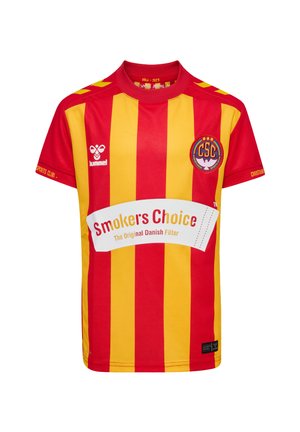 Rood en geel verticaal gestreept voetbalshirt met logo op de borst en sponsorsponsortekst "Smoker's Choice" aan de voorkant.
