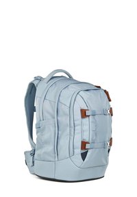 Light blue backpack with padded straps, multiple zippered compartments, side pockets, and front buckles with "Satchel" text detail.