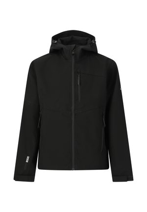 Zwarte gewatteerde jas met capuchon, volledige ritssluiting aan de voorkant, ritsen op borst- en zijzakken, en verstelbare manchetten, ontworpen voor gebruik buitenshuis.