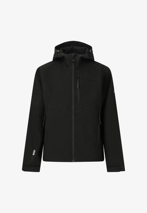 Zwarte gewatteerde jas met capuchon, volledige ritssluiting aan de voorkant, ritsen op borst- en zijzakken, en verstelbare manchetten, ontworpen voor gebruik buitenshuis.