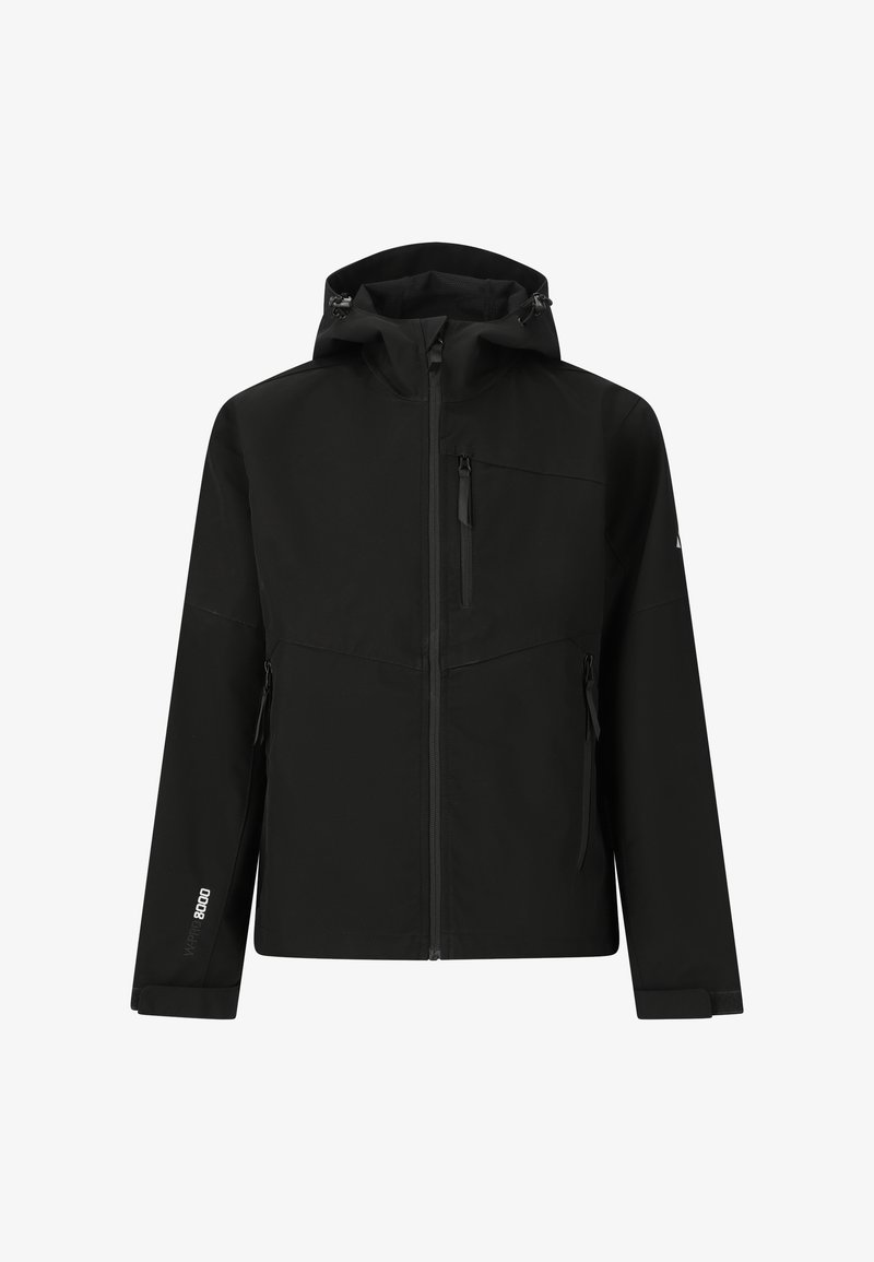 Sort hættejakke med fuld lynlås foran, lynlåslommer på brystet og siderne samt justerbare manchetter, designet til udendørs brug.