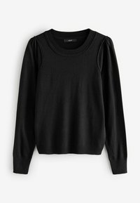 Sort sweater med lange ærmer og ribbede manchetter, rund halsudskæring og let samling ved skuldersømmen. Glat tekstur.