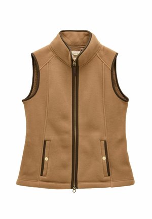 Beige Fleece-Weste mit hohem Kragen, Frontreißverschluss und zwei seitlichen Taschen, akzentuiert mit braunen Kanten und dekorativer Hardware.