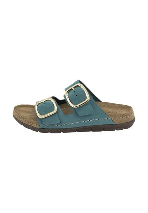 Teal suede sandal featuring two large square gold buckles, a molded cork footbed, and a brown rubber outsole with a textured grip surface.