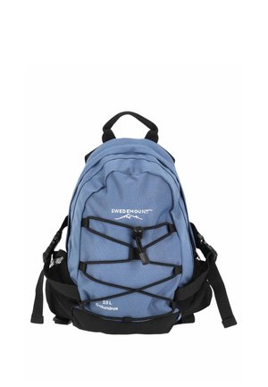 Blauwe en zwarte 10L Swedemount Columbus rugzak met verstelbare riemen, elastisch koord aan de voorkant en bovenste draaggreep.