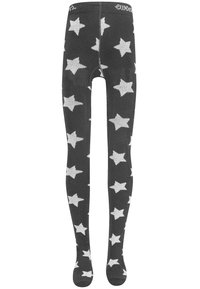 Collant neri con un motivo a stelle in grigio chiaro, caratterizzati da una texture morbida e un elastico in vita confortevole per una vestibilità sicura.