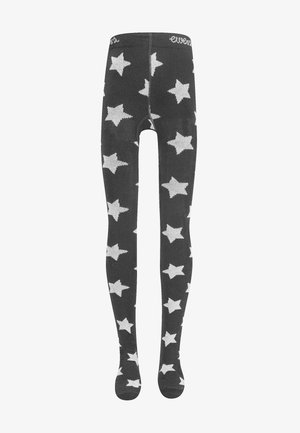 Tights pretos com um padrão de estrelas em cinza claro, apresentando uma textura suave e uma cintura confortável para um ajuste seguro.