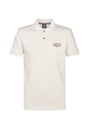 Korte mouw polo shirt in lichtcrème met een gespikkelde textuur, voorzien van een kraag, twee knopen en een bruine logopatch op de borst.