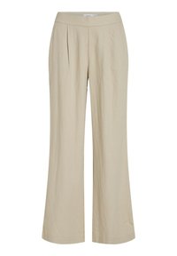 Beige široké kalhoty s upraveným pasem, předními sklady a hladkým, lehce mačkaným povrchem. Lehce tkanina, neformální design.