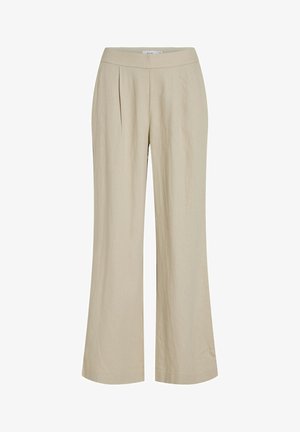Pantalons beige à jambes larges avec une taille ajustée, des plis à l'avant et une texture lisse, légèrement froissée. Tissu léger, design décontracté.