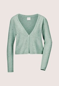Grüner, taillierter Cardigan mit V-Ausschnitt und langen Ärmeln, der metallische Sprenkel und einen einzelnen Knopfverschluss auf der Vorderseite aufweist.