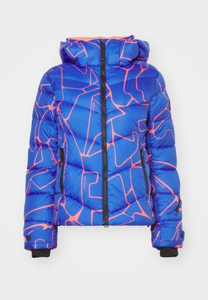 Padded blue jacket with pink geometric lines, hood, front zipper, and black cuffs. Made from shiny, smooth material. Features side pockets.