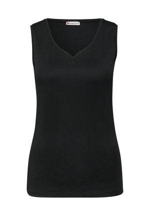 Czarny top bez rękawów wykonany z gładkiego materiału, z dekoltem w kształcie litery V i dwoma małymi guzikami z przodu, o dopasowanym kroju.