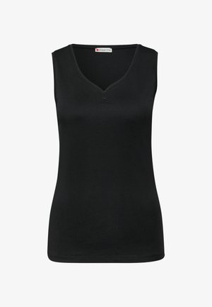 Czarny top bez rękawów wykonany z gładkiego materiału, z dekoltem w kształcie litery V i dwoma małymi guzikami z przodu, o dopasowanym kroju.