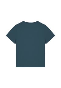 T-shirt à manches courtes en bleu canard. Fabriqué en coton doux, il présente un col rond et une coupe décontractée sans logos ni motifs visibles.