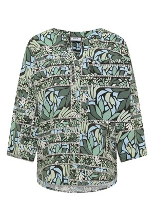 Pitkähihaisen paidan kuviointi on vihreää, sinistä ja valkoista abstraktia lehti- ja ketjukuosia. Paidassa on pyöreä pääntie, jossa on edessä halkio, ja löysä istuvuus.