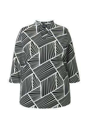 Schwarz-weiße Bluse mit geometrischem Muster, Dreiviertelärmeln und V-Ausschnitt.