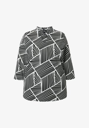 Schwarz-weiße Bluse mit geometrischem Muster, Dreiviertelärmeln und V-Ausschnitt.