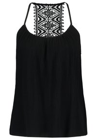 Svart ärmlös topp med plisserad design, med intrikata svarta spetsdetaljer på baksidan och tunna justerbara remmar.