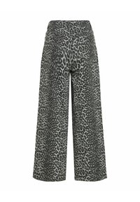 Pantalon large à imprimé léopard en tissu gris et noir. Caractérisé par une taille haute et deux poches arrière. Texture douce avec une coupe ample.