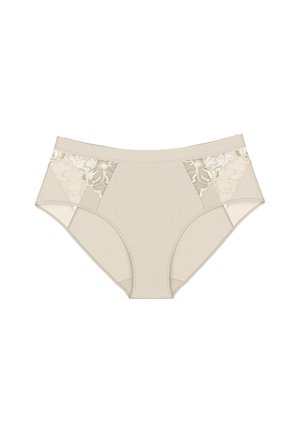 Beige lingerie with mesh side panels. Textured body and lace accents with floral pattern, creating a blend of smooth and intricate details.
