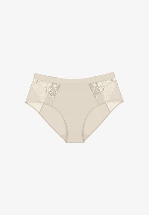 Lingerie beige con pannelli laterali in rete. Corpo testurizzato e dettagli in pizzo con motivo floreale, creando un mix di dettagli lisci e intricati.