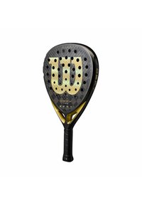 Zwarte peddel met een ruitpatroon, gouden accenten en grote uitsparingen voor luchtstroom. Bevat een getextureerde, ergonomische grip en een onderscheidend logo.