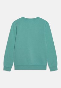 Sudadera color azul verdoso con puños y dobladillo acanalados, escote redondo y una textura de tela suave. La parte trasera es lisa sin detalles adicionales.