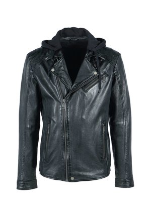Sort læder motorcykeljakke med quiltede skuldre, asymmetrisk lynlås, lynlåslommer og fastsyet sort stofhætte med snoretræk.