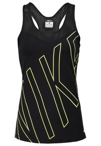 Débardeur sportif noir sans manches avec texte diagonal "NIKE" en jaune néon et panneau arrière à dos nageur perforé.