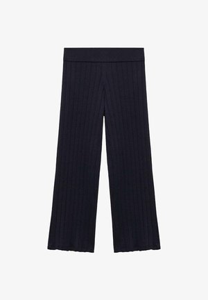 Sorte ribstrikkede vidde bukser med elastisk talje og let udvidede kant, vist fladt på hvid baggrund.