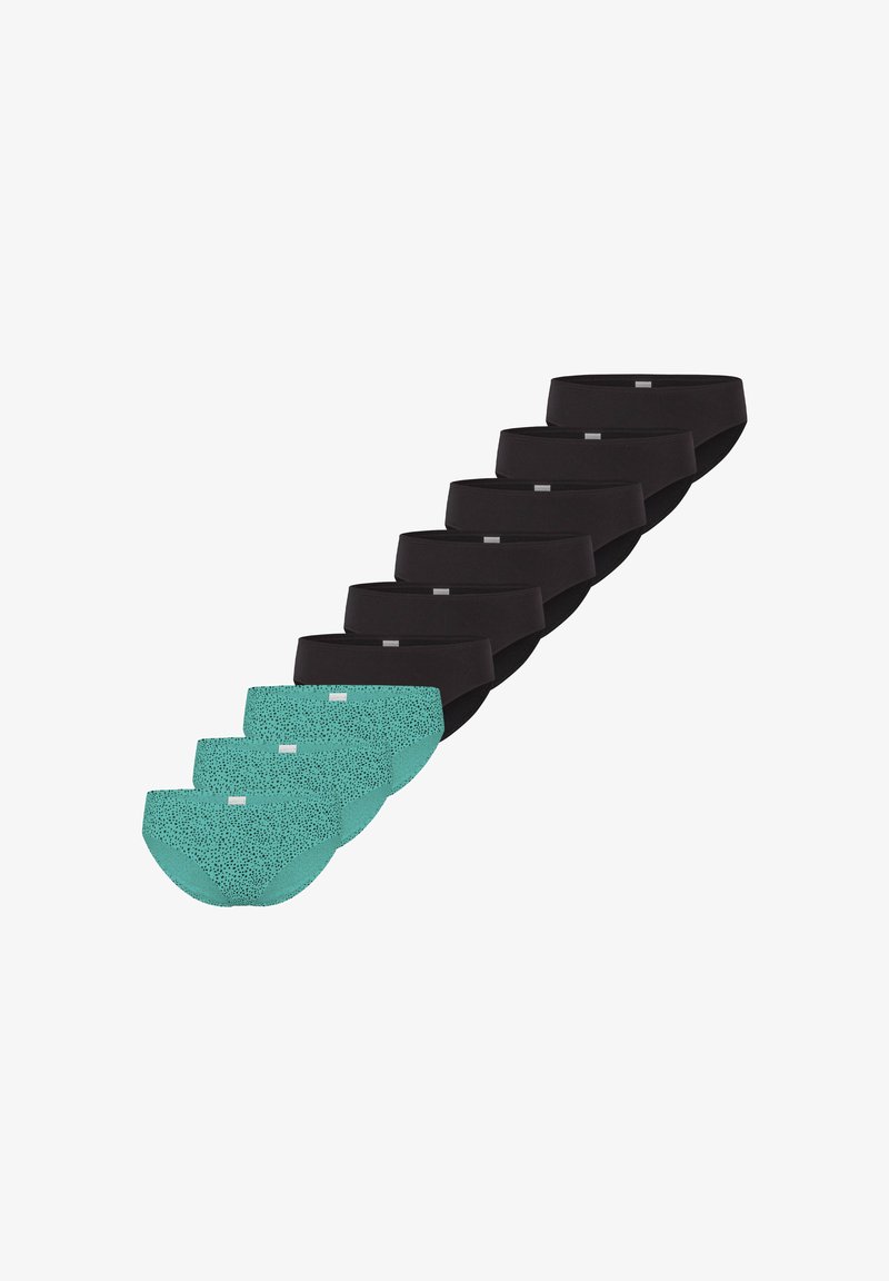 Negen par ondergoed: zes zwart, drie turquoise met een stippenpatroon, allemaal met een gladde afwerking en een zachte tailleband.
