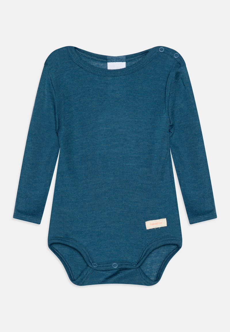 Bodysuit z dolgimi rokavi v temno zeleni barvi, rebrasta tekstura, okrogla izreza, spodnje zapenjalo ter majhna oznaka s "sanetta" na sprednji strani.