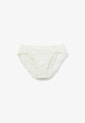 Panties med spetskant i mjuk krämfärg, med en slät framdel och blommönstrad spets vid midjan och benöppningarna.