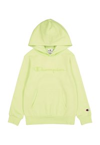 Sudadera verde claro hecha de tela suave, con un bolsillo delantero, capucha con cordón y logotipo bordado "Champion". Puños y dobladillo acanalados.