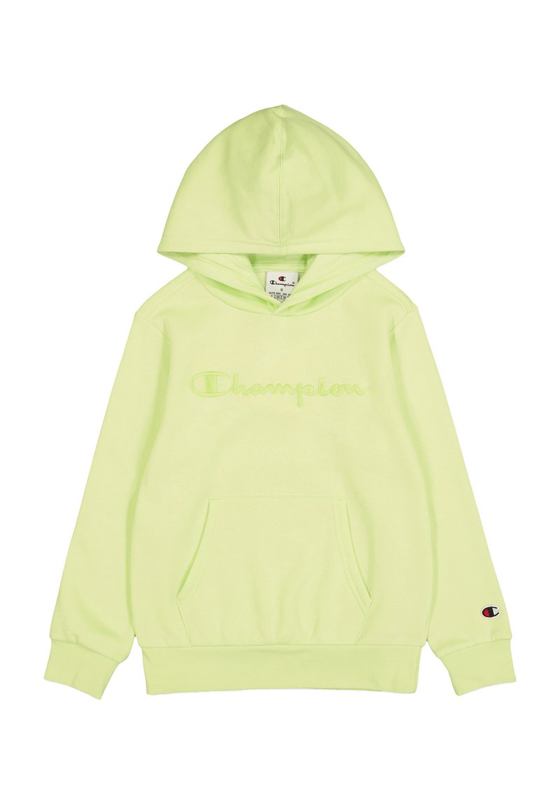 Sudadera verde claro hecha de tela suave, con un bolsillo delantero, capucha con cordón y logotipo bordado "Champion". Puños y dobladillo acanalados.