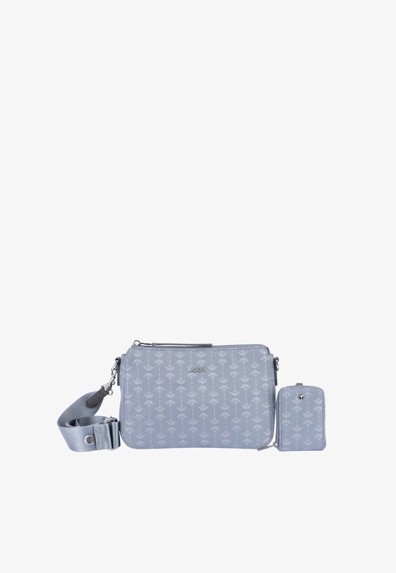 Borsa a tracolla sintetica grigia con motivo floreale, chiusura con zip, tracolla regolabile e un portacarte abbinato. Texture liscia e design elegante.