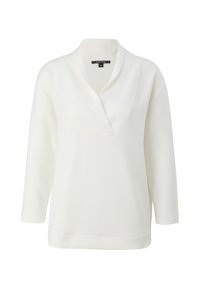 Pull blanc à manches longues avec un col en V profond et un large col, fabriqué en tissu doux, présenté sur un fond blanc.